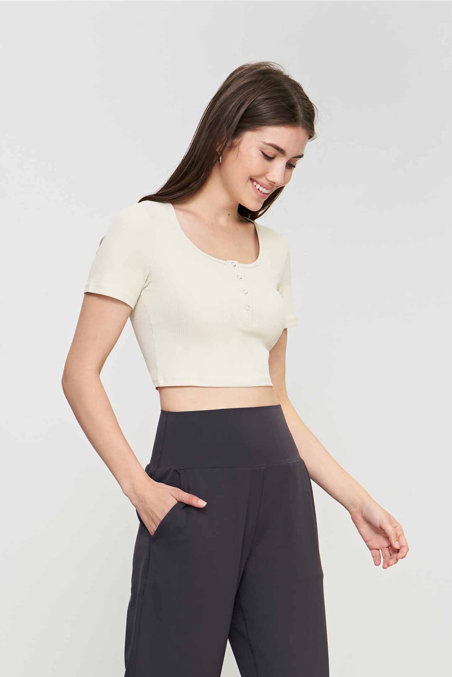 TX1537-Nuls ribbed nude Yoga Top Women's spring and summer skinny short-sleeved open and close buckle sport T-shirt