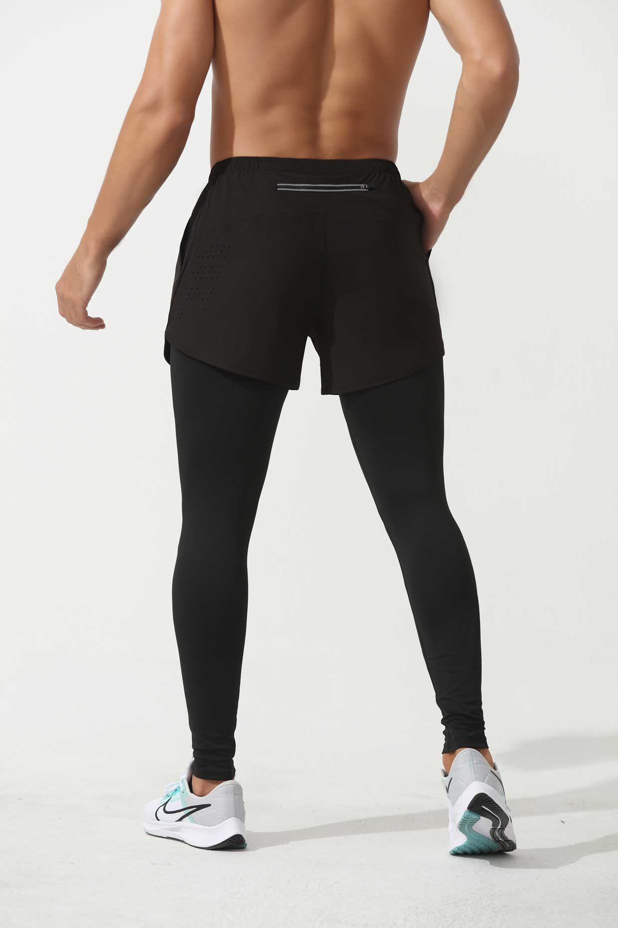 HRYTE60001- Europe and the United States cross-border fitness pants elastic running quick dry pants basketball training pants fake two pairs of tight sweatpants men