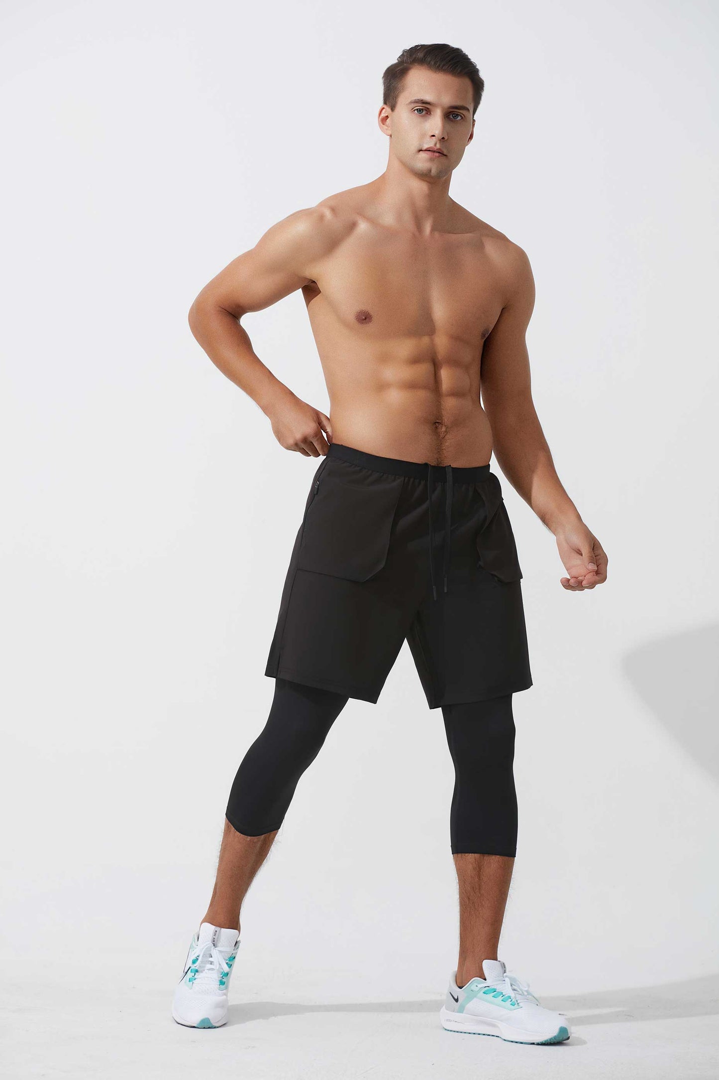 HRYTE60002-Double-layer sweatpants men fake two capri pants Running pocket fitness pants 2-in-1 basketball quick-drying tights