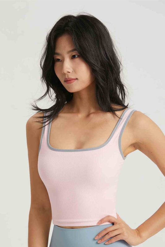WX1509-FPS Thread naked semi-fixed cup fitness vest color contrast wrap edge sports bra Sexy waist-exposing yoga underwear