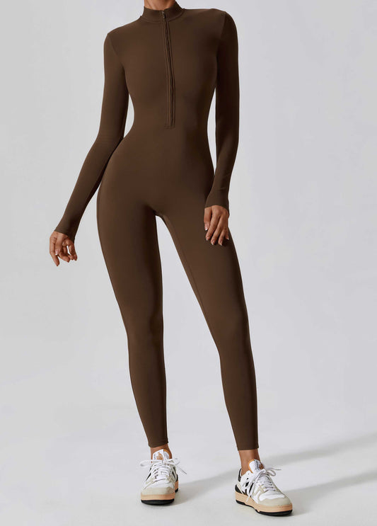HR8306-Spring high-intensity long-sleeved one-piece yoga suit with zipper, revealing fitness bodysuit.
