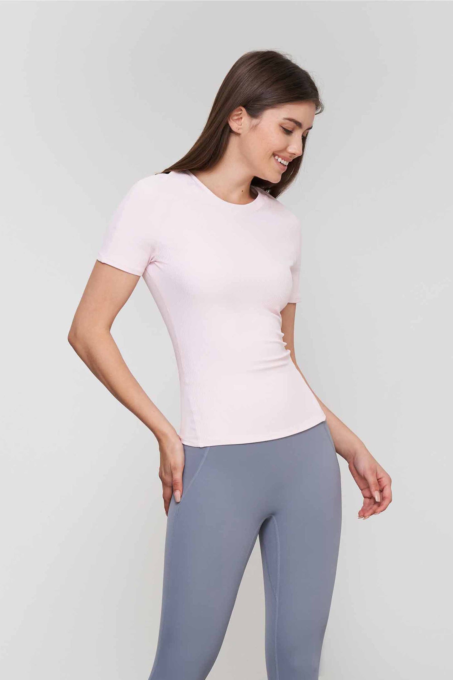 TX1548-Nuls ribbed nude Yoga short sleeve Love new round neck fitness T-shirt women's tight waist yoga top