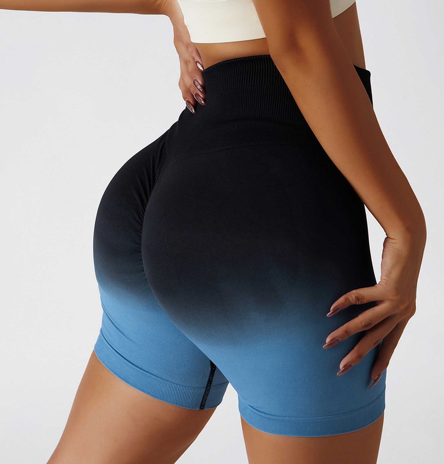 HR6406-European and American gradient seamless yoga shorts, breathable and tight-fitting sports shorts for women, high-waisted elastic butt-lifting fitness pants